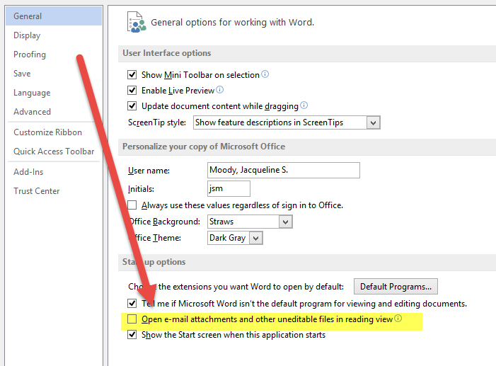 Turn off Reading Mode in Word 2013