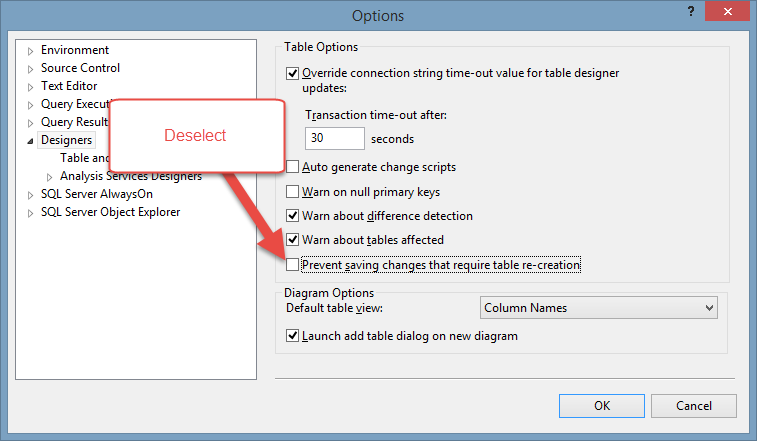 SQL Prevent Saving Changes That Require Table Re-creation After