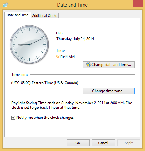 Change Time Zone confirmation screen