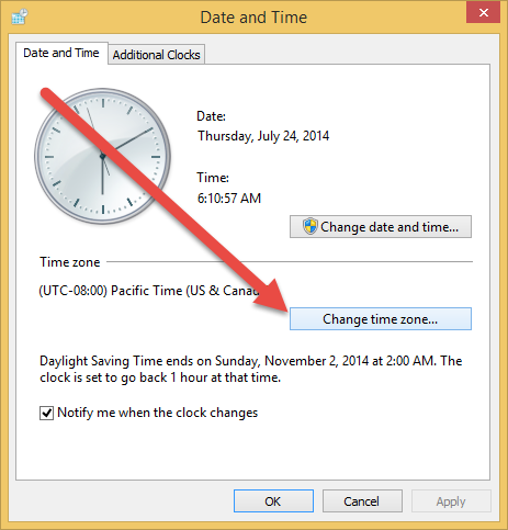Select Change Time Zone Button