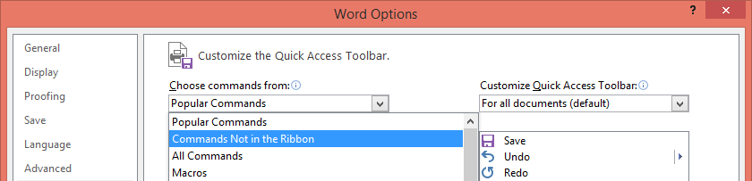 Select Commands Not in the Ribbon
