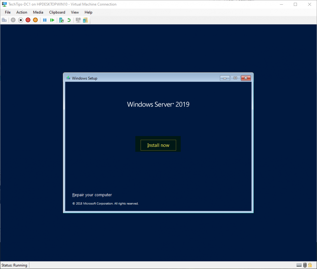 Begin windows server 2019 installation
