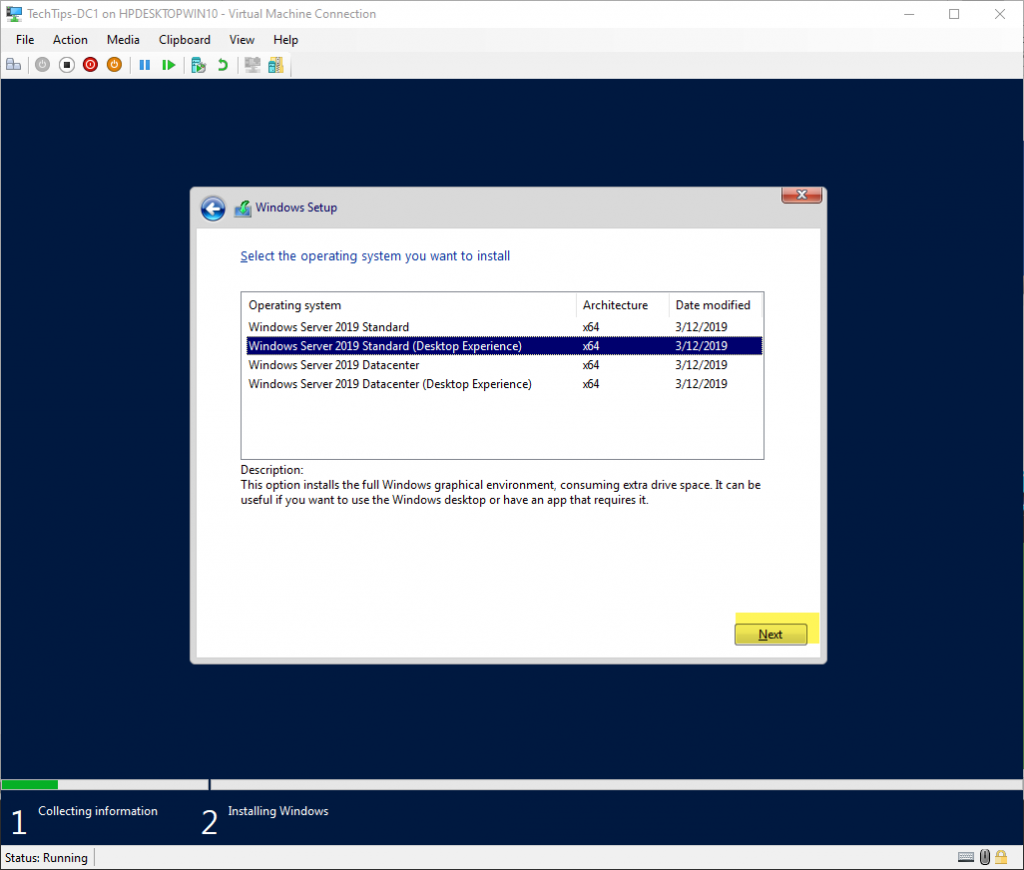 Select the edition of windows server 2019 to install