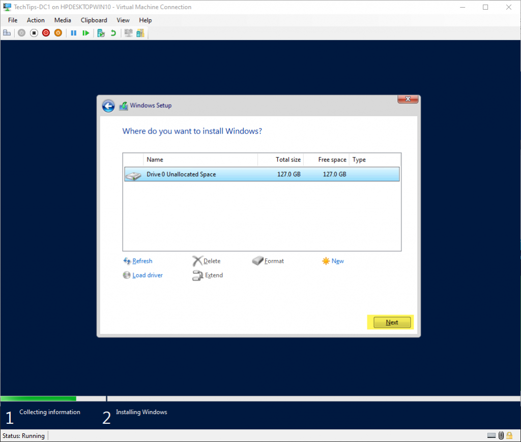 Select disk drive to install Windows Server 2019