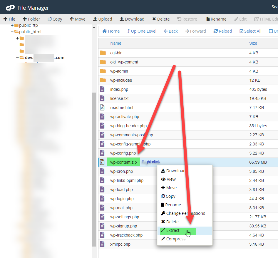 Right-Click to Extract Wp-content